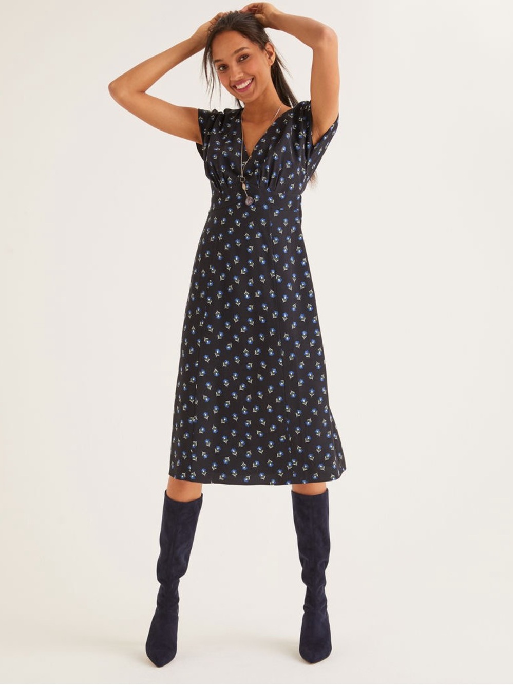 Boden Rosemary Dress - Black Floral Print A-Line Midi -PETITE Size 10